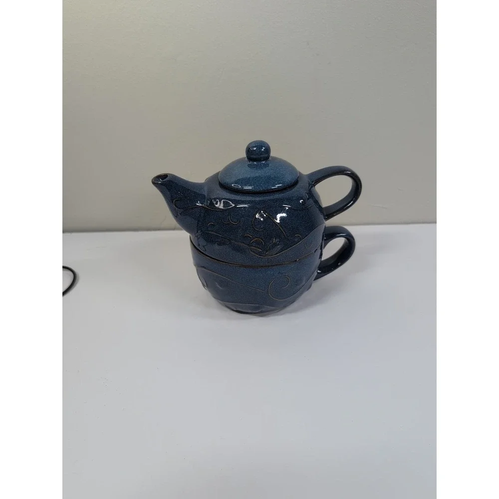 Pier 1 Teapot With Lid & Mug Stoneware Indigo Blue Embossed‎ Mint